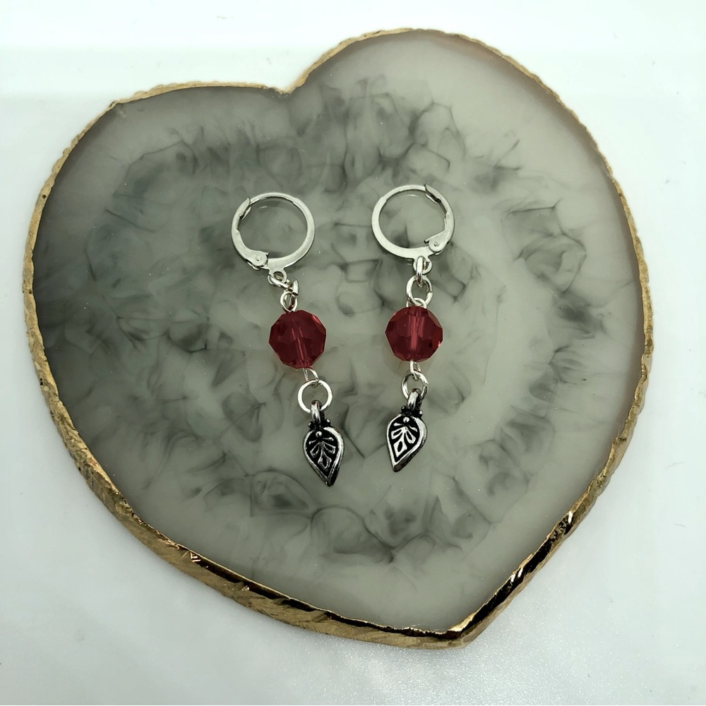 Etched leaf silver red earrings